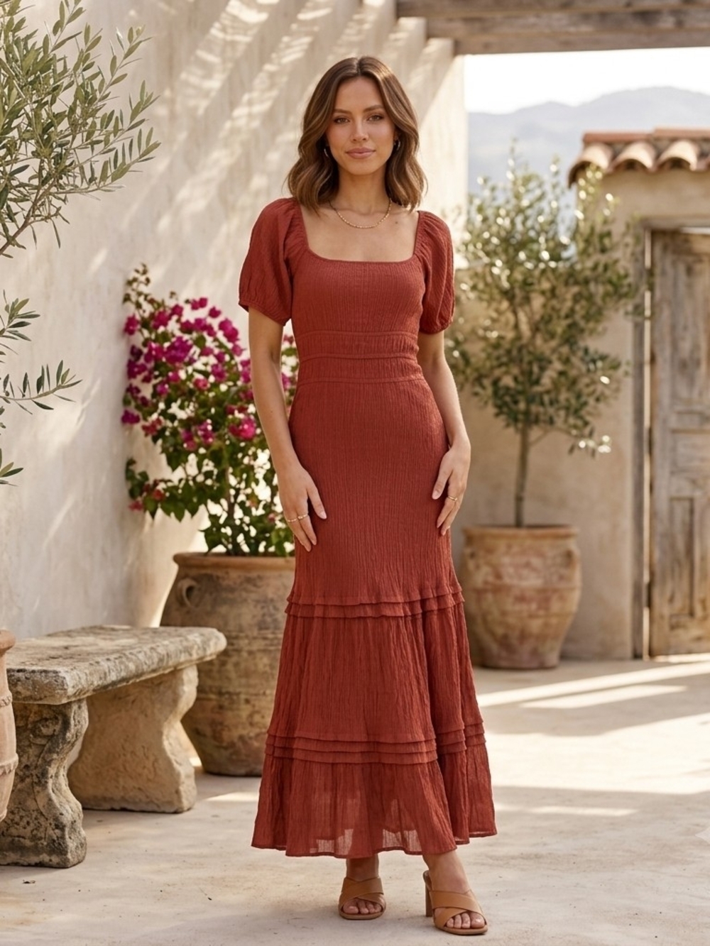 Square Neck Puff Sleeve Tiered Maxi Dress in Rust